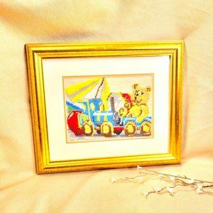 Vintage Teddy Bear Crewel Cross Stitch Art